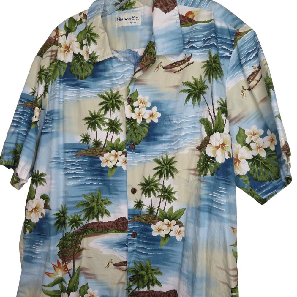 Vintage 60s Bishop St Hawaiian Aloha Shirt Men's Matching Pocket Coconut Button - Picture 4 of 10